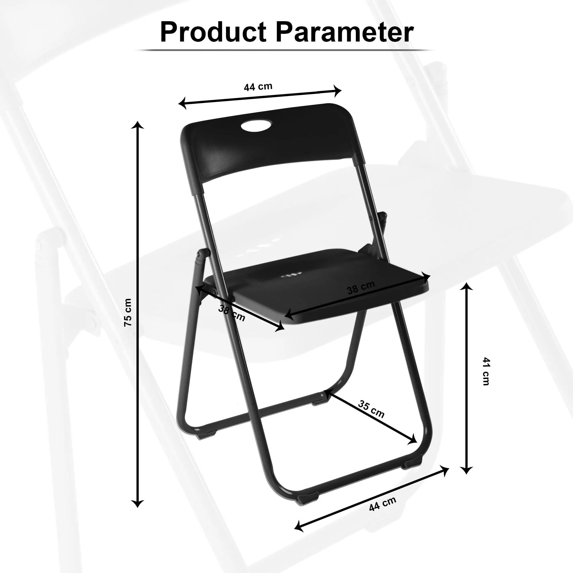 Kuber Industries Folding Chair for Home | Iron Frame & PP Plastic Seat | Lightweight, Portable, Balcony, Garden, Camping Chair | Anti Slip Legs | Indoor Outdoor Chair | Black | 44 * 42 * 75cm