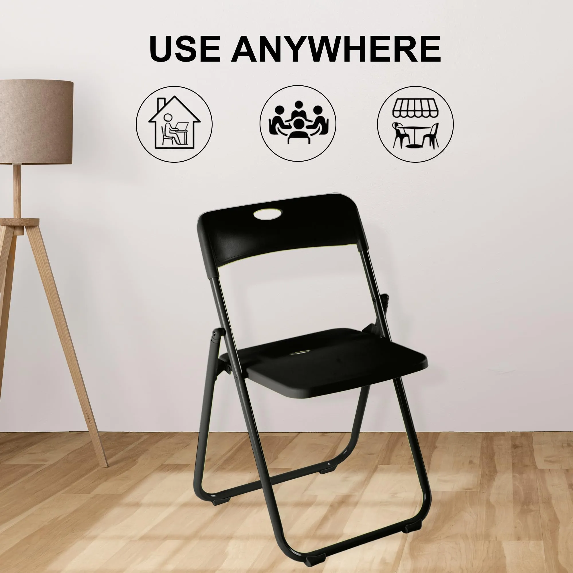 Kuber Industries Folding Chair for Home | Iron Frame & PP Plastic Seat | Lightweight, Portable, Balcony, Garden, Camping Chair | Anti Slip Legs | Indoor Outdoor Chair | Black | 44 * 42 * 75cm