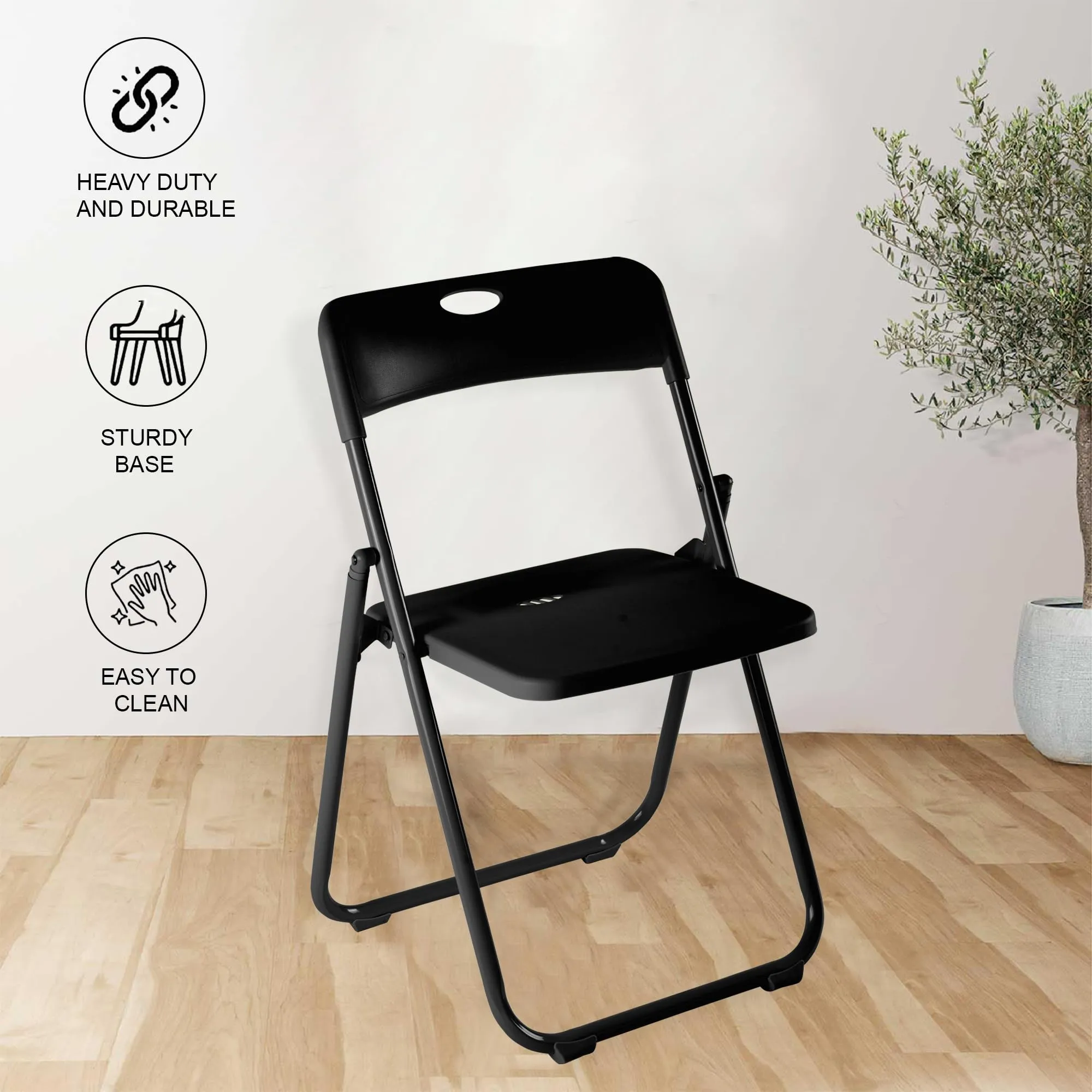 Kuber Industries Folding Chair for Home | Iron Frame & PP Plastic Seat | Lightweight, Portable, Balcony, Garden, Camping Chair | Anti Slip Legs | Indoor Outdoor Chair | Black | 44 * 42 * 75cm