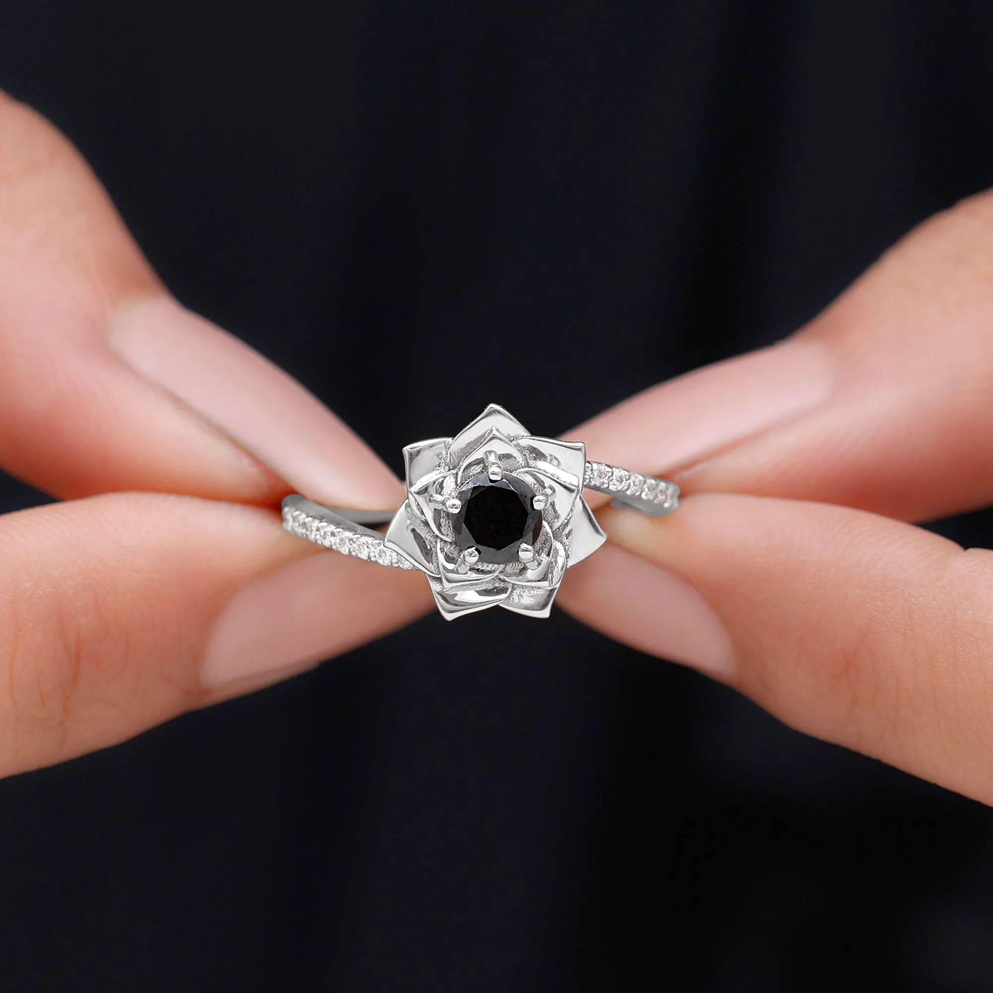 Lab Grown Black Diamond and Diamond Flower Bypass Ring