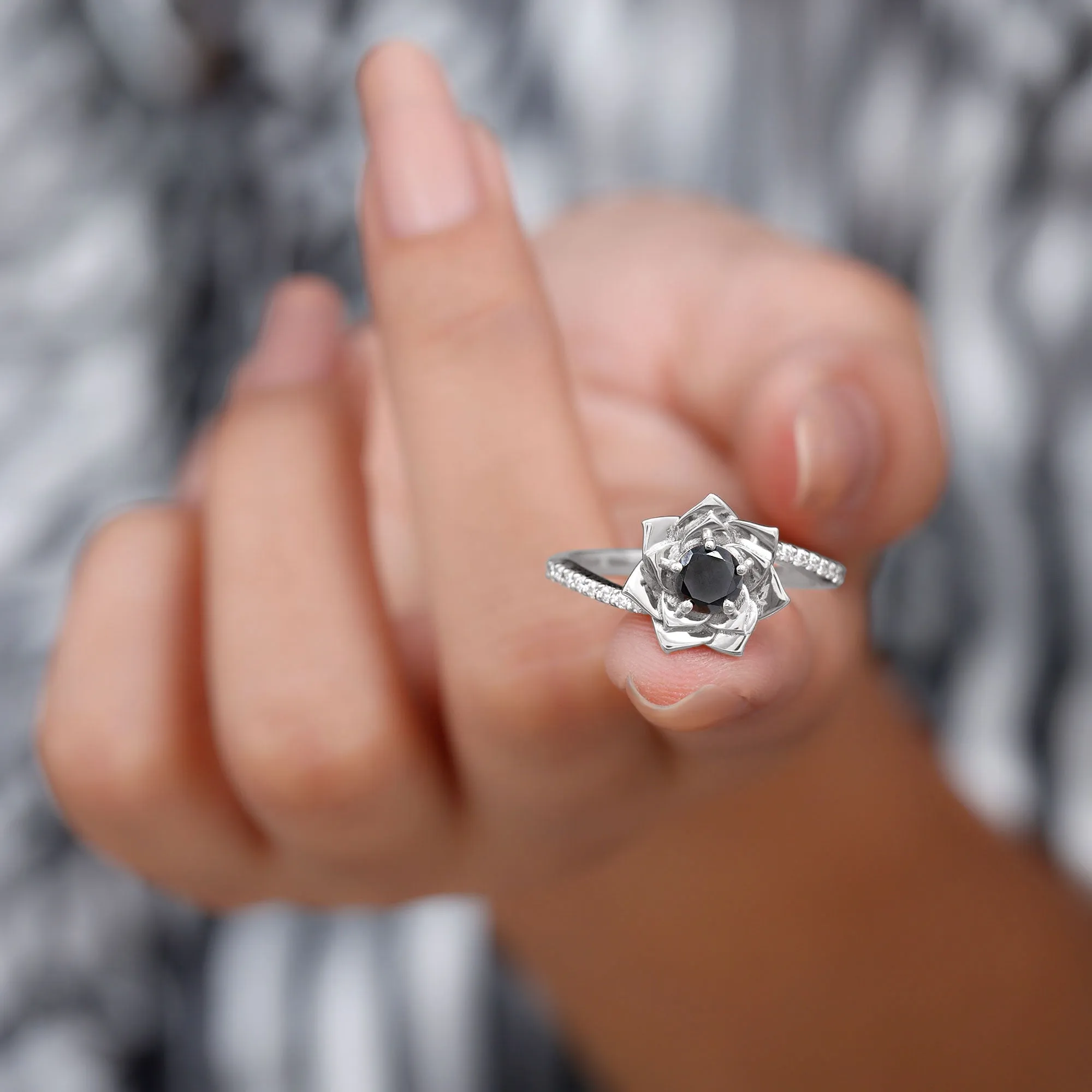 Lab Grown Black Diamond and Diamond Flower Bypass Ring