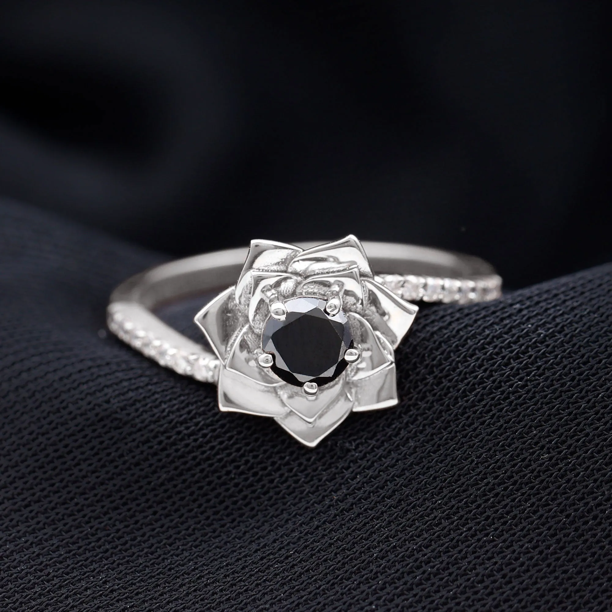 Lab Grown Black Diamond and Diamond Flower Bypass Ring