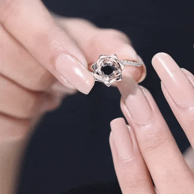 Lab Grown Black Diamond and Diamond Flower Bypass Ring