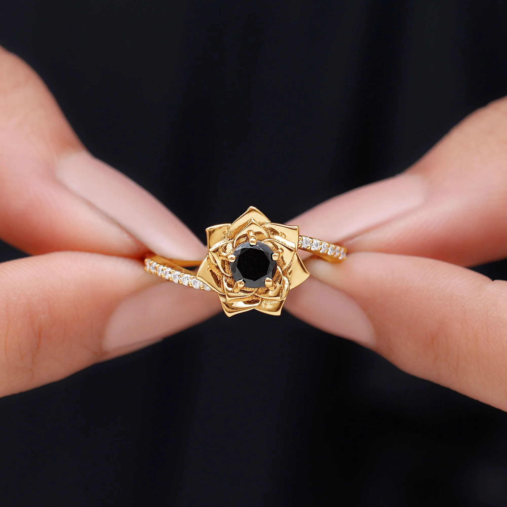 Lab Grown Black Diamond and Diamond Flower Bypass Ring