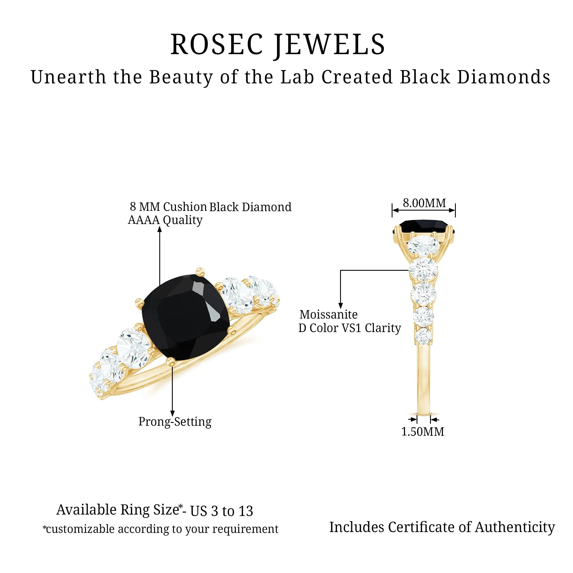 Lab Grown Black Diamond Solitaire Ring with Moissanite