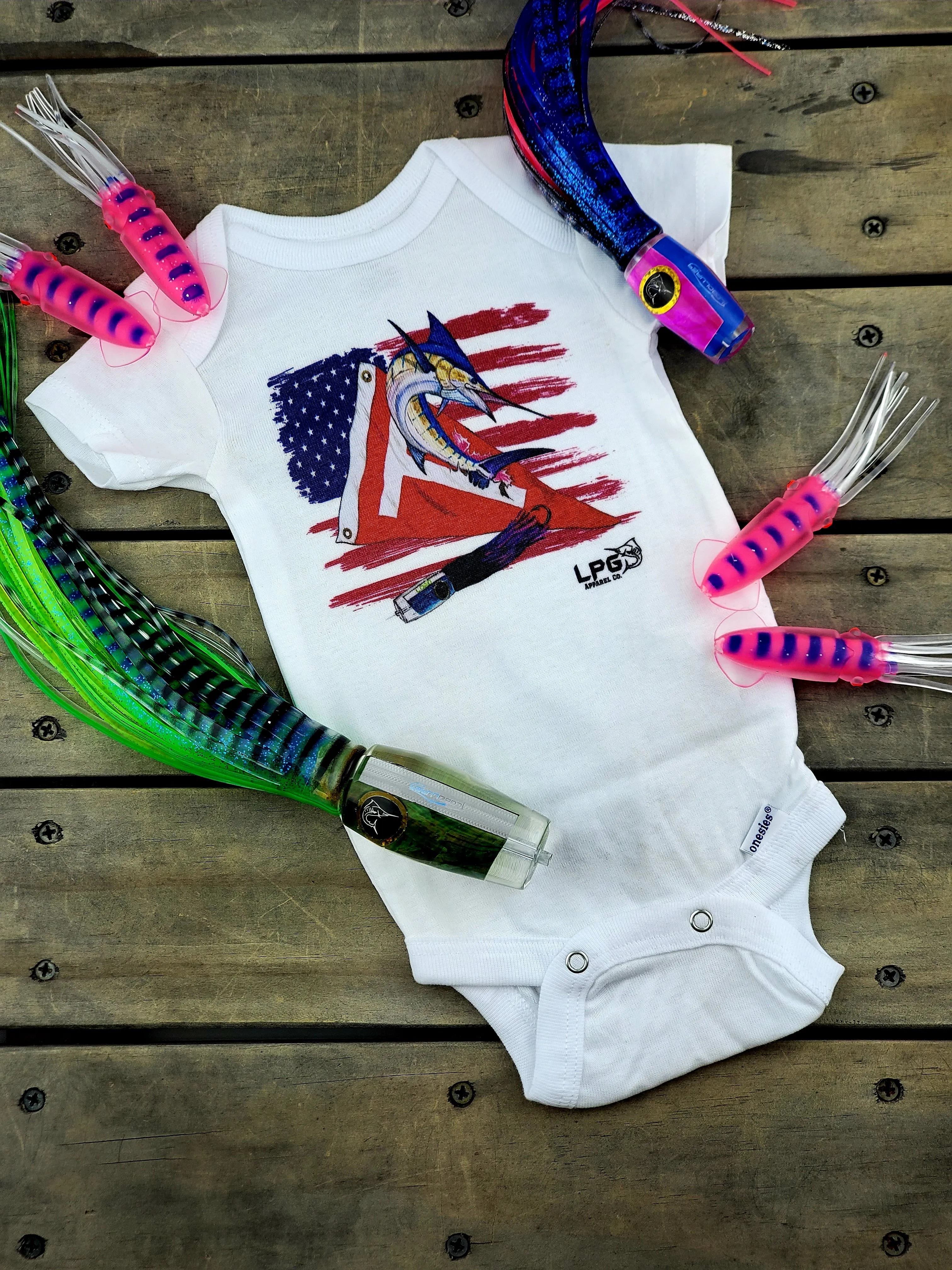 LPG Apparel Co. Tag & Release Patriotic USA Marlin Fishing Onesie®