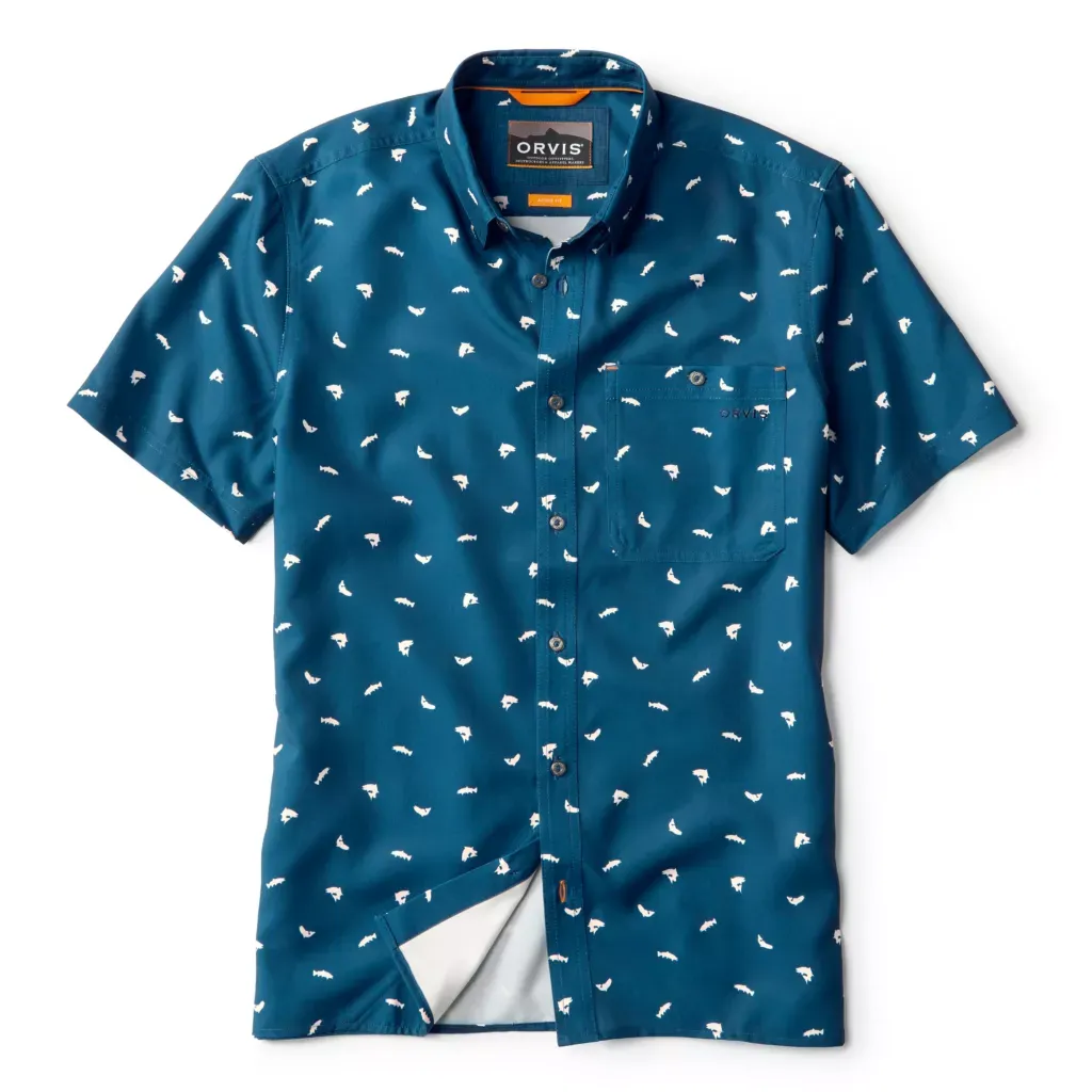 Orvis Men's SS Printed Tech Chambray Shirt / Blue Lagoon