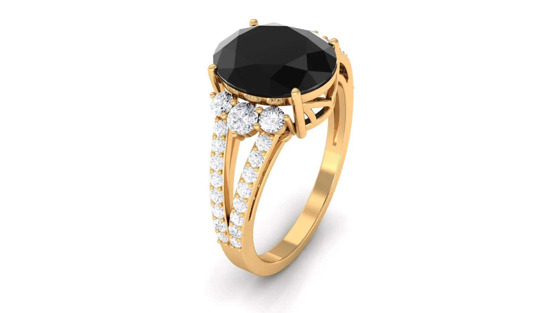 Oval Created Black Diamond Engagement Ring with Diamond Split Shank