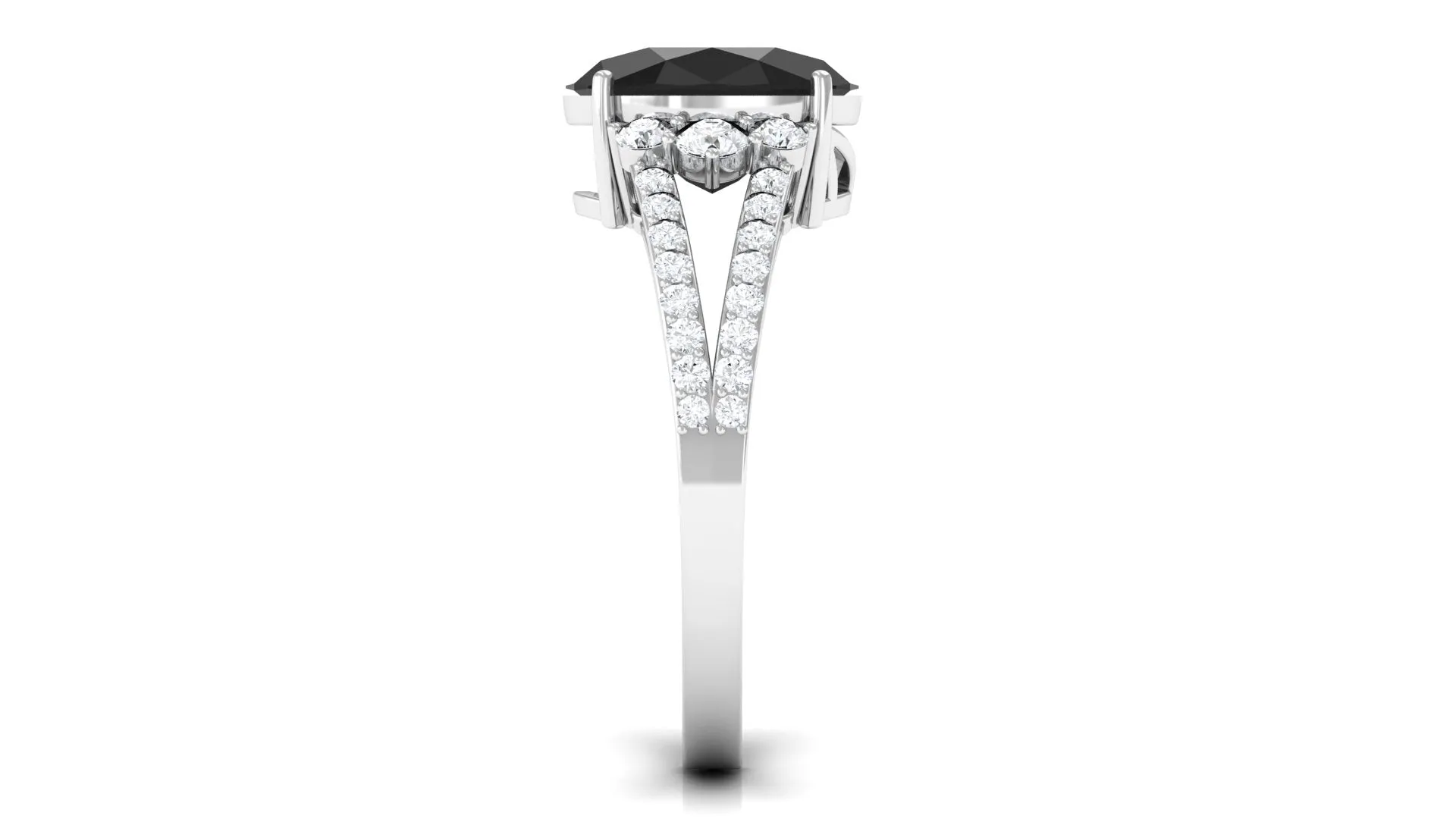 Oval Created Black Diamond Engagement Ring with Diamond Split Shank