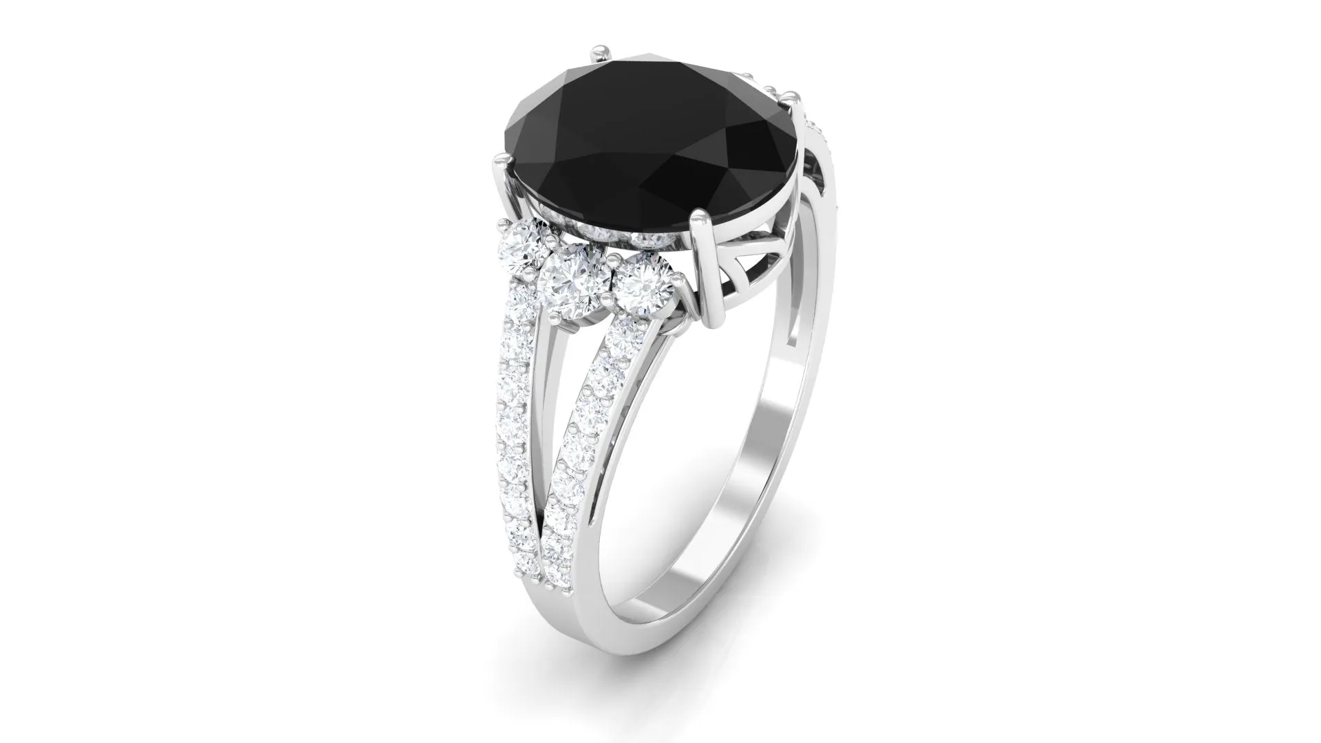 Oval Created Black Diamond Engagement Ring with Diamond Split Shank