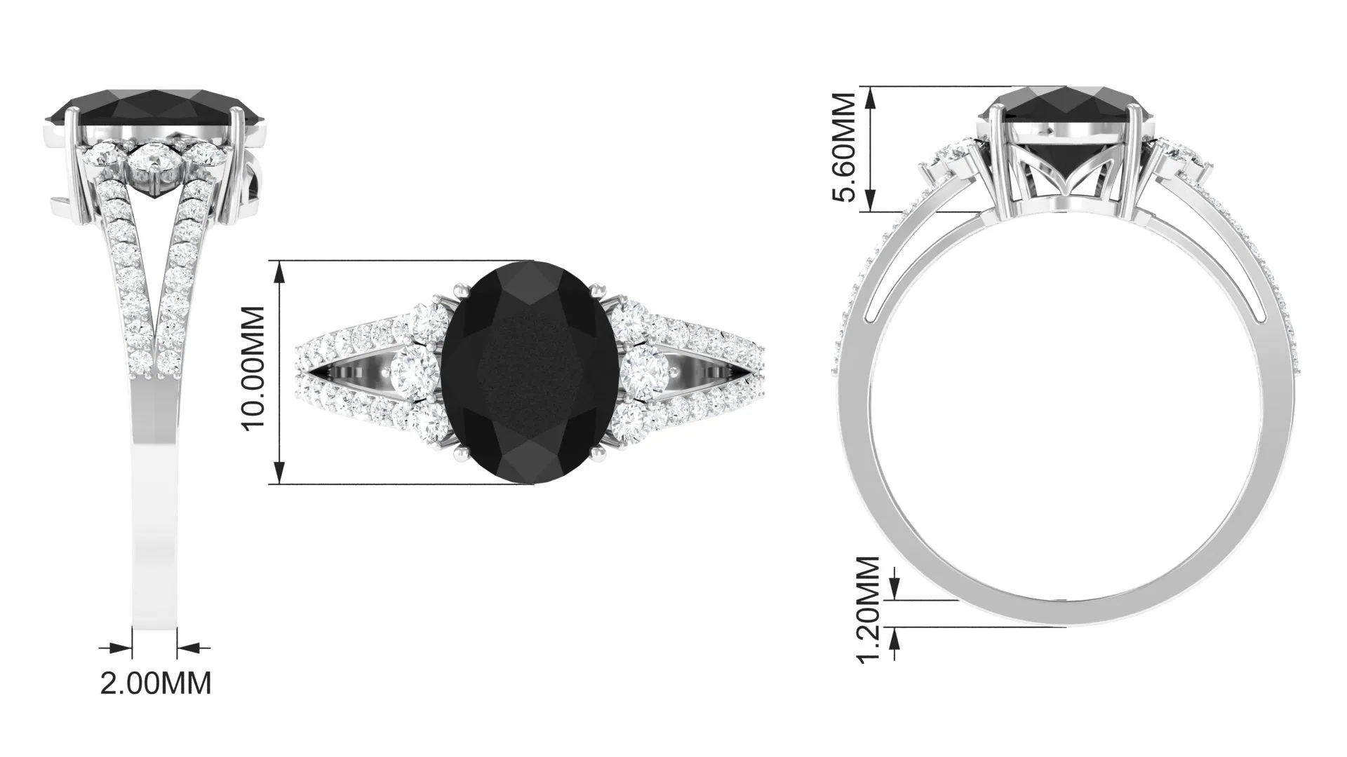 Oval Created Black Diamond Engagement Ring with Diamond Split Shank