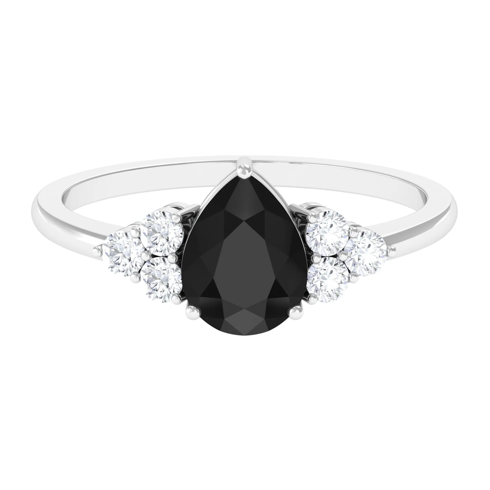 Pear Cut Created Black Diamond Solitaire Ring with Diamond Trio