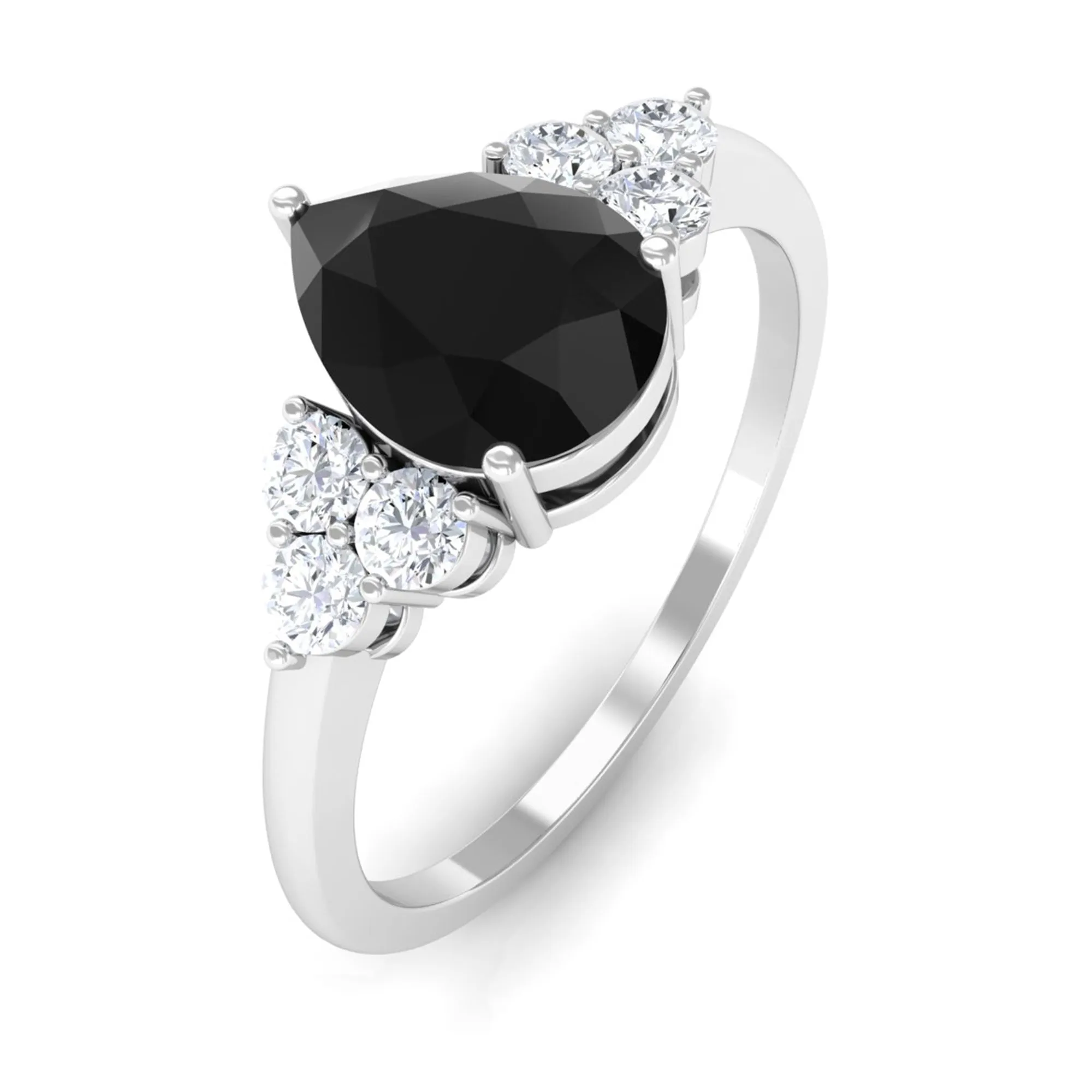 Pear Cut Created Black Diamond Solitaire Ring with Diamond Trio