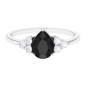 Pear Cut Created Black Diamond Solitaire Ring with Diamond Trio