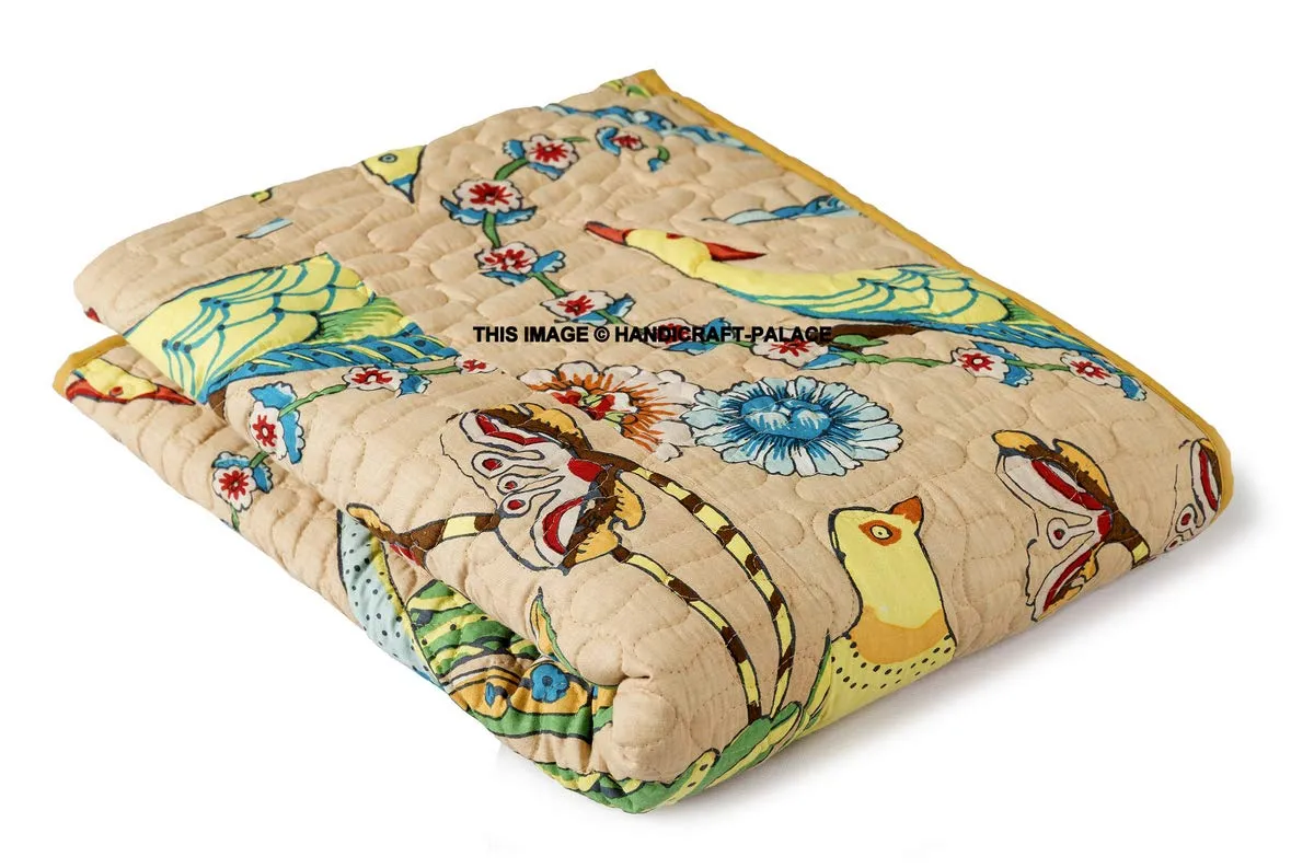 Ravaiyaa - Attitude is everything Decorative Bird Printed Blanket Twin Size Bedding Machine Quilted Throw Soft Cotton Blanket (Beige, reversible)