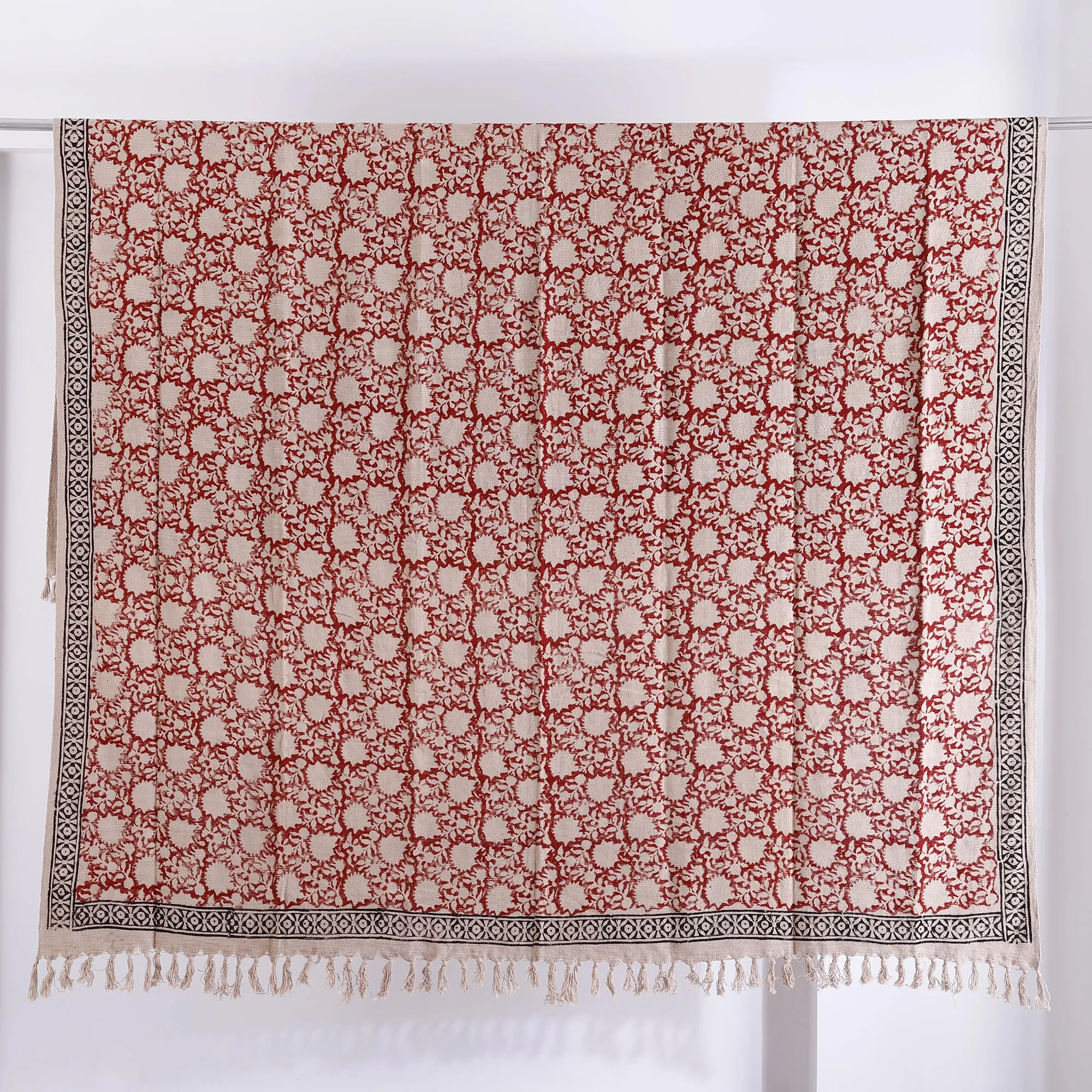 Ravaiyaa - Attitude is everything Floral Printed Handloom Cotton Couch Throw/Sofa Cover/Comforter/AC Blanket with Classic Woven Design and Hand-Knotted Fringes (90"x60" inch) (Red Beige Floral)