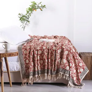 Ravaiyaa - Attitude is everything Floral Printed Handloom Cotton Couch Throw/Sofa Cover/Comforter/AC Blanket with Classic Woven Design and Hand-Knotted Fringes (90"x60" inch) (Red Beige Floral)