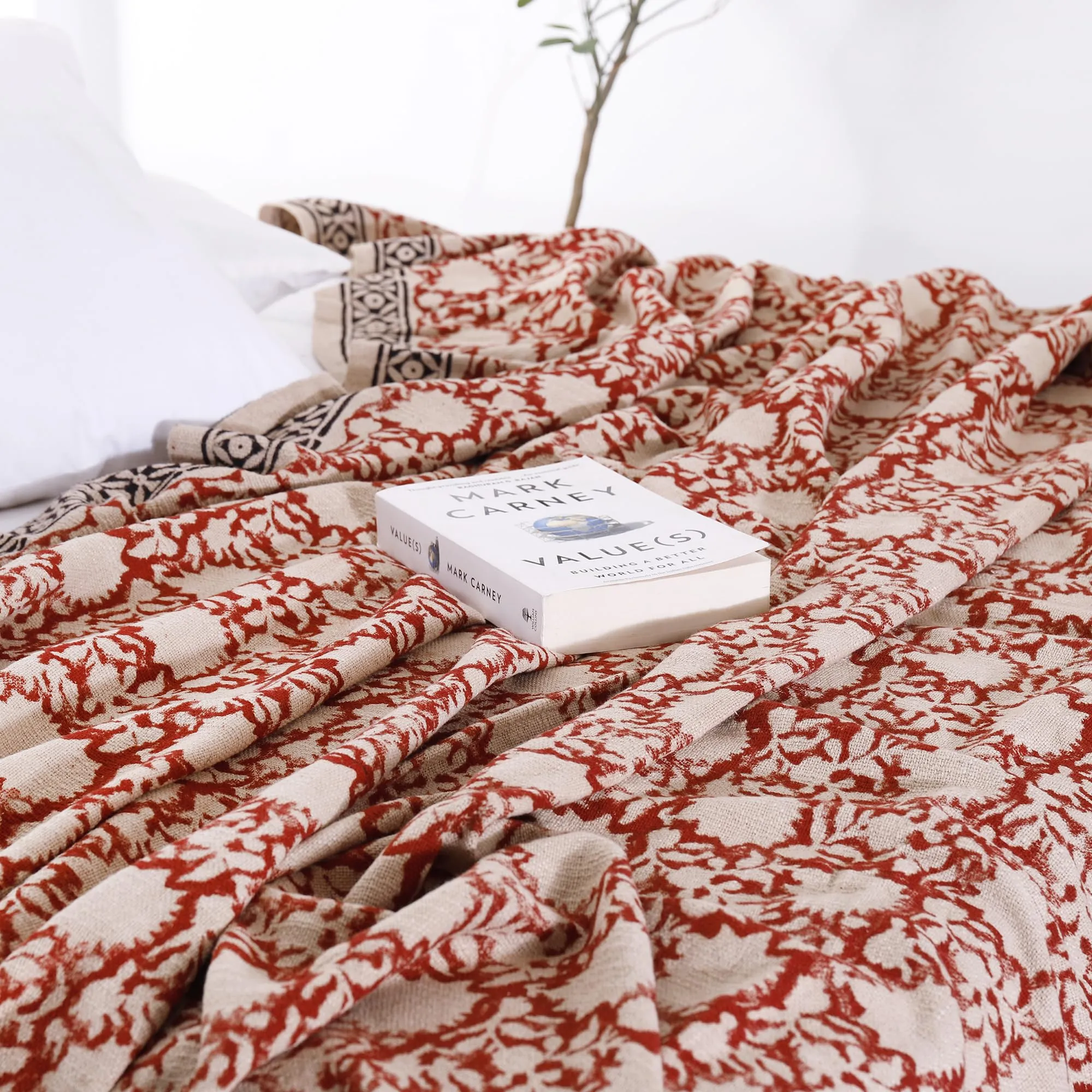 Ravaiyaa - Attitude is everything Floral Printed Handloom Cotton Couch Throw/Sofa Cover/Comforter/AC Blanket with Classic Woven Design and Hand-Knotted Fringes (90"x60" inch) (Red Beige Floral)