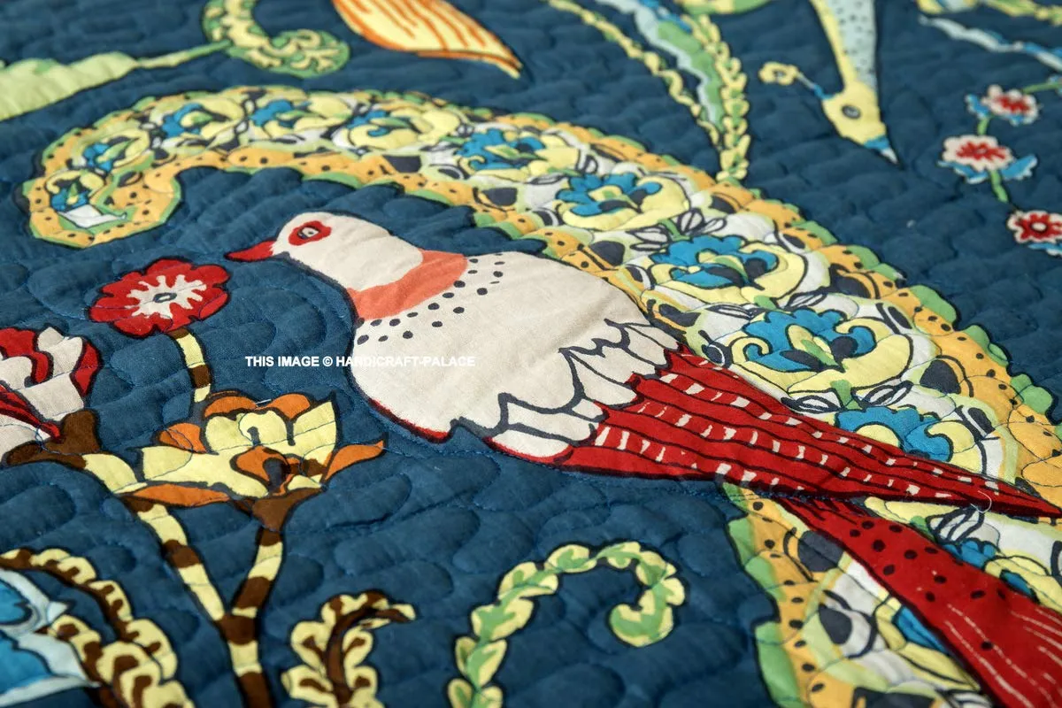 Ravaiyaa - Attitude is everything Traditional Handmade Kantha Quilt Throw Soft Cotton Bedding Bedspread Blanket Bird Print Throws 70"x50" Inch (Blue)