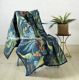 Ravaiyaa - Attitude is everything Traditional Handmade Kantha Quilt Throw Soft Cotton Bedding Bedspread Blanket Bird Print Throws 70"x50" Inch (Blue)