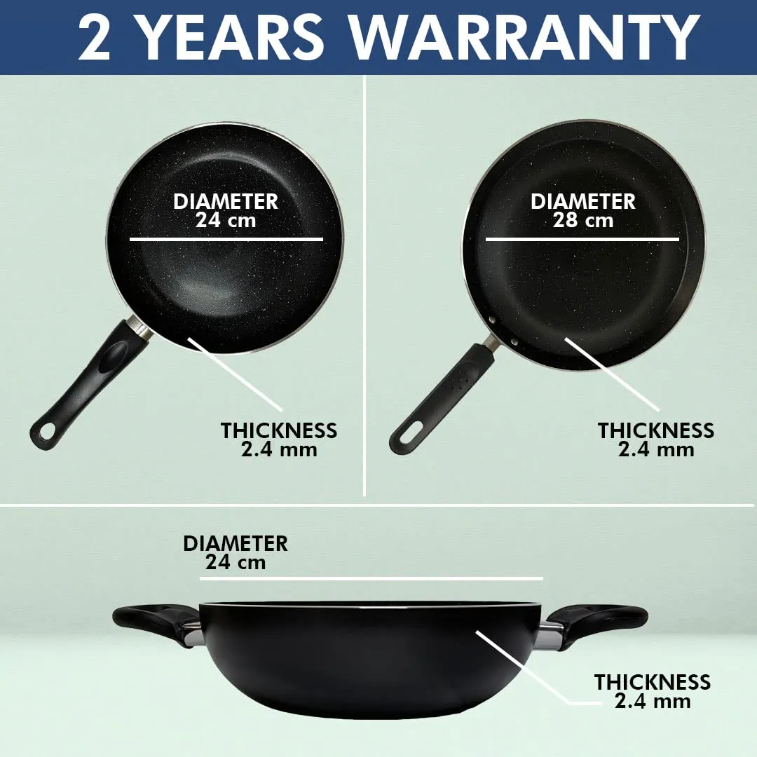 SAVYA HOME 3 Piece Non Stick Set | Non Stick Tawa 2.4mm | Non Stick Kadai | Frying Pan Non Stick | with Lid | Stove & Induction Cookware| 3 Layer Coating Non Stick Set Combo | 2 Year Warranty - Black