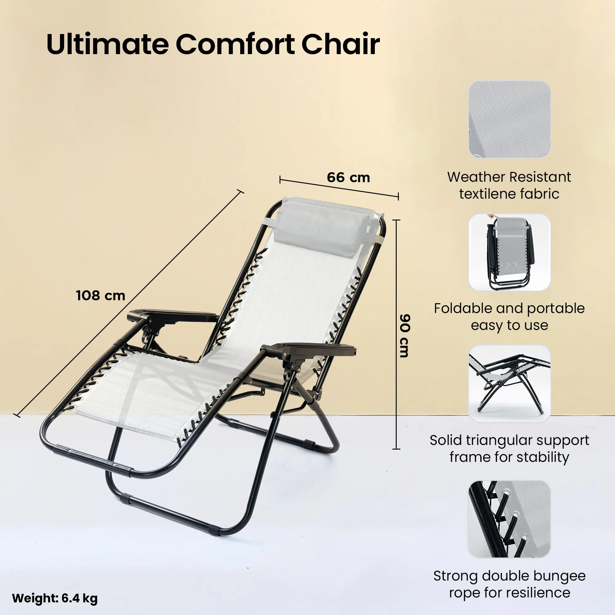 SAVYA HOME Folding Chair for Home-90X66X108CM/Recliner Chair/Camping Chair/Foldable Chairs for Home/Garden Chair/with Detachable Pillow/Lightweight Portable Chair/Weather-Resistant Fabric- Grey