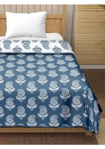 SNOWGREEN EXPORT Pure Cotton Reversible Dohar Single Bed Size | Jaipuri Printed Block AC Blanket | Soft Lightweight AC Summer Comforter Quilt (Dark Blue, Single - 56x88 Inch)