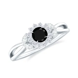 Split Shank Black and White Diamond Flower Engagement Ring