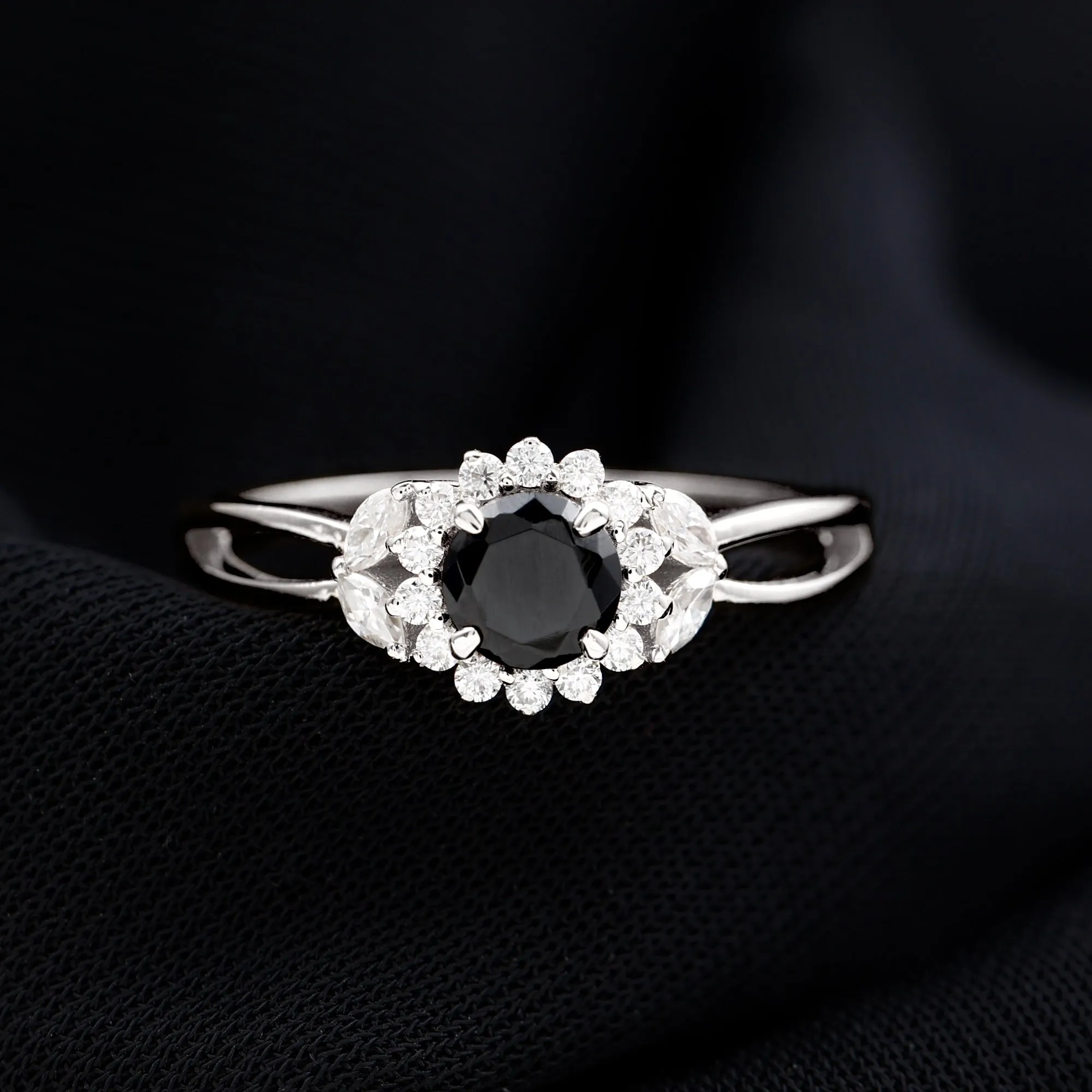 Split Shank Black and White Diamond Flower Engagement Ring