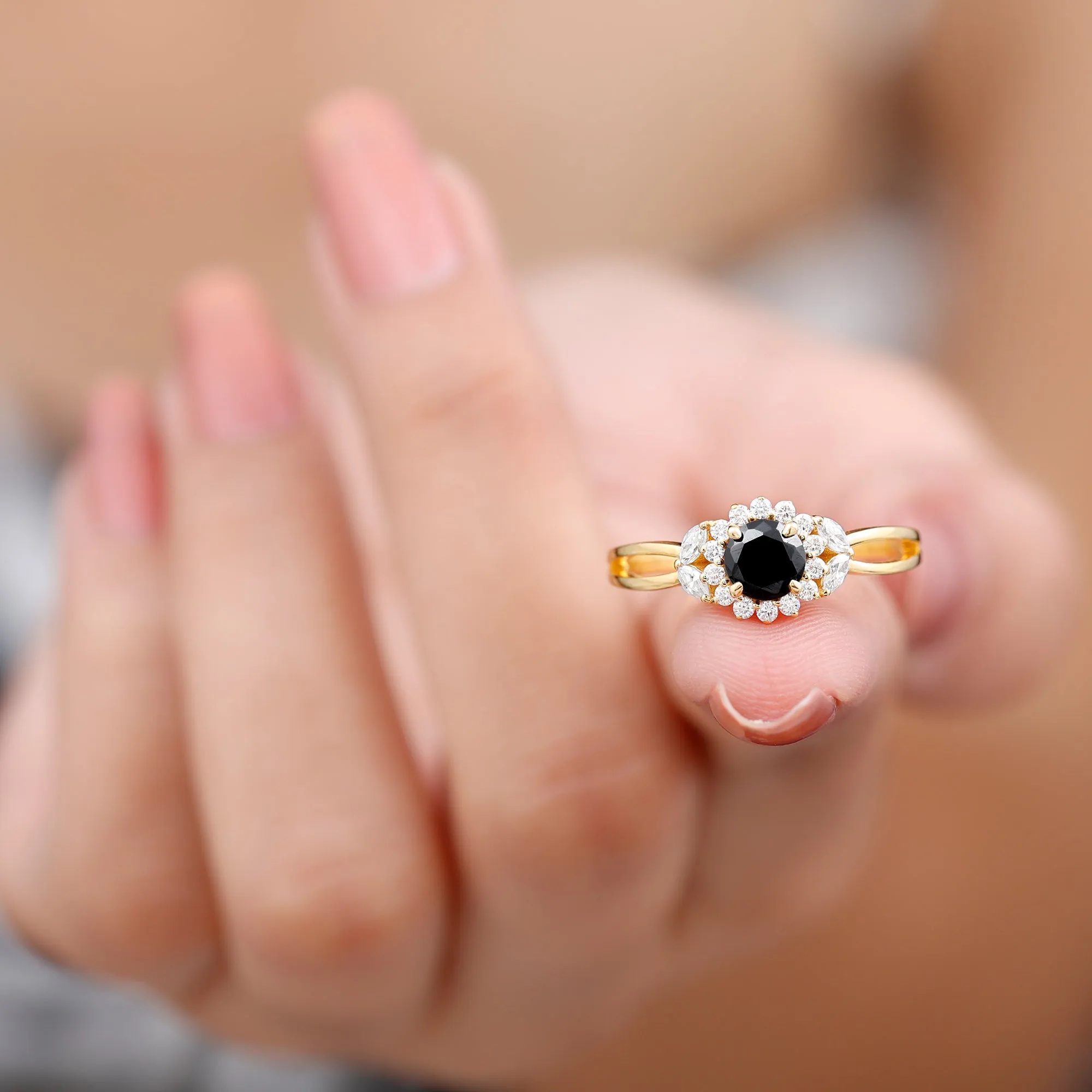 Split Shank Black and White Diamond Flower Engagement Ring