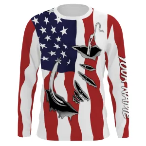 Us Fishing Fish Hook American Flag Custom Long Sleeves Shirts Patriotic Fishing Apparel