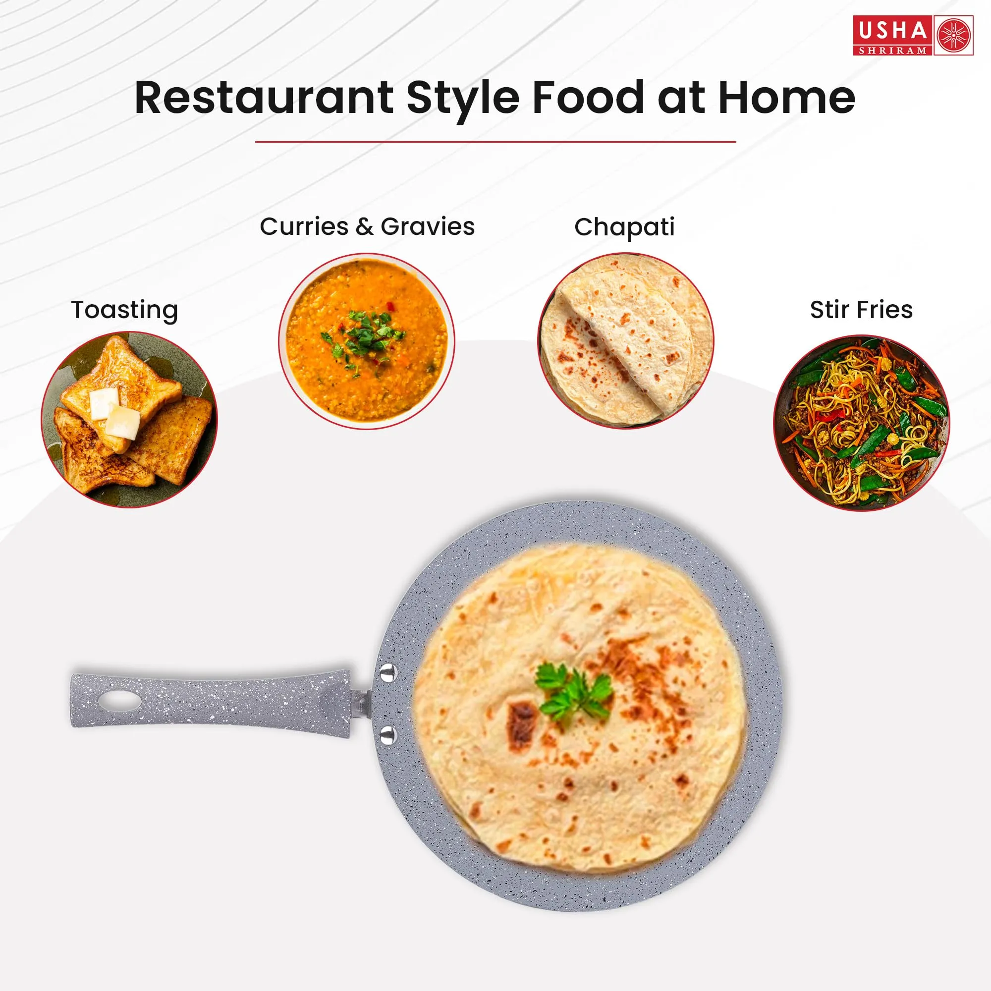 USHA SHRIRAM (24cm Lunar Haze Non Stick Roti Tawa with Riveted Handle | High Grade Aluminium | Scratch Resistant Surface | Roti Nonstick Dosa Tawa Non Stick Pan | Flat Tawa Non Stick(Grey)