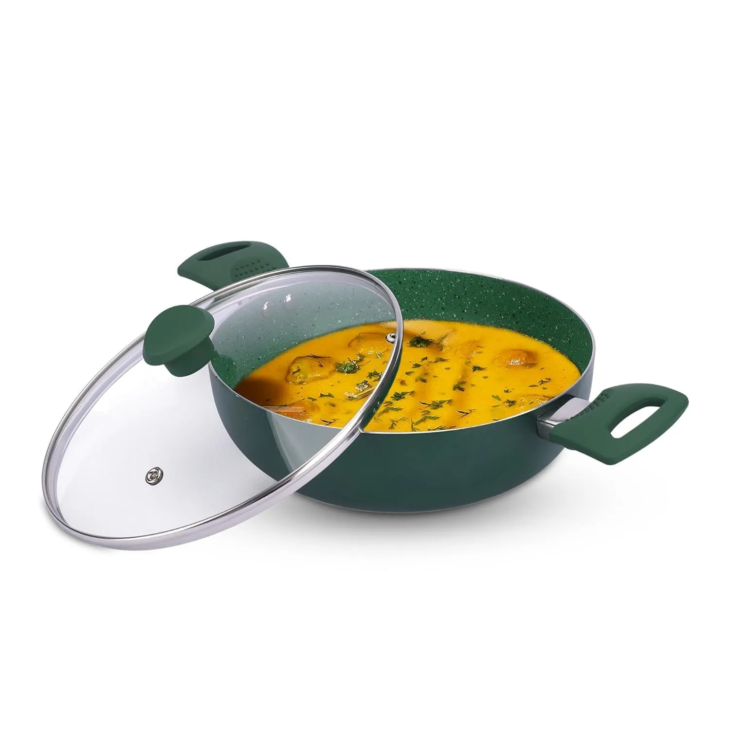 USHA SHRIRAM Green Non-Stick Cookware Set|18cm Deep Small Fry Pan, 24cm Roti Tawa, 1L Sauce Pan,26cm Deep Fry Kadai with Lid|Minimal Oil CookingEasy Grip Handles |Non-Toxic & Lightweight (Pack of 4)