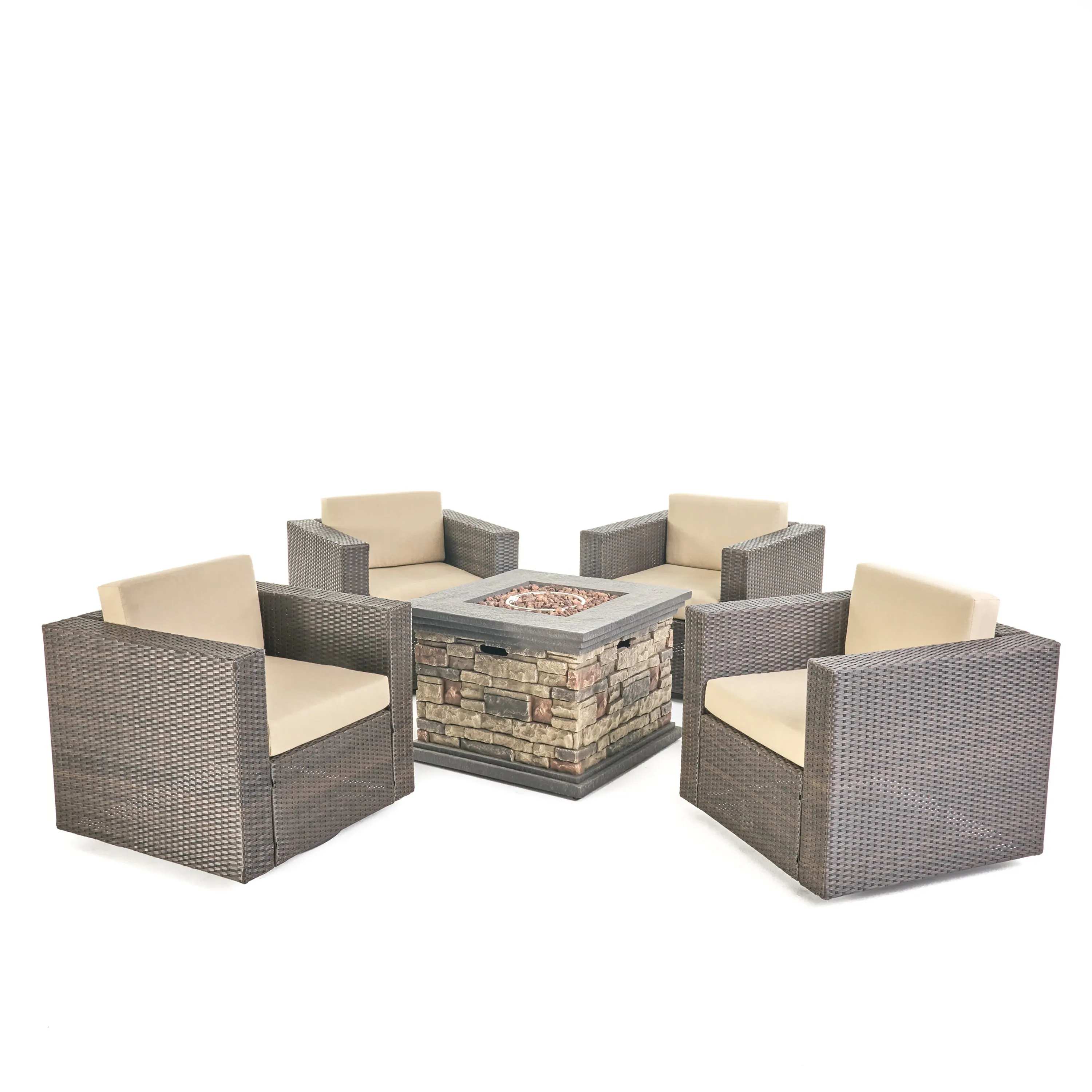 Venice Outdoor 5 Piece Chat Set with Dark Brown Chairs with Fire Pit