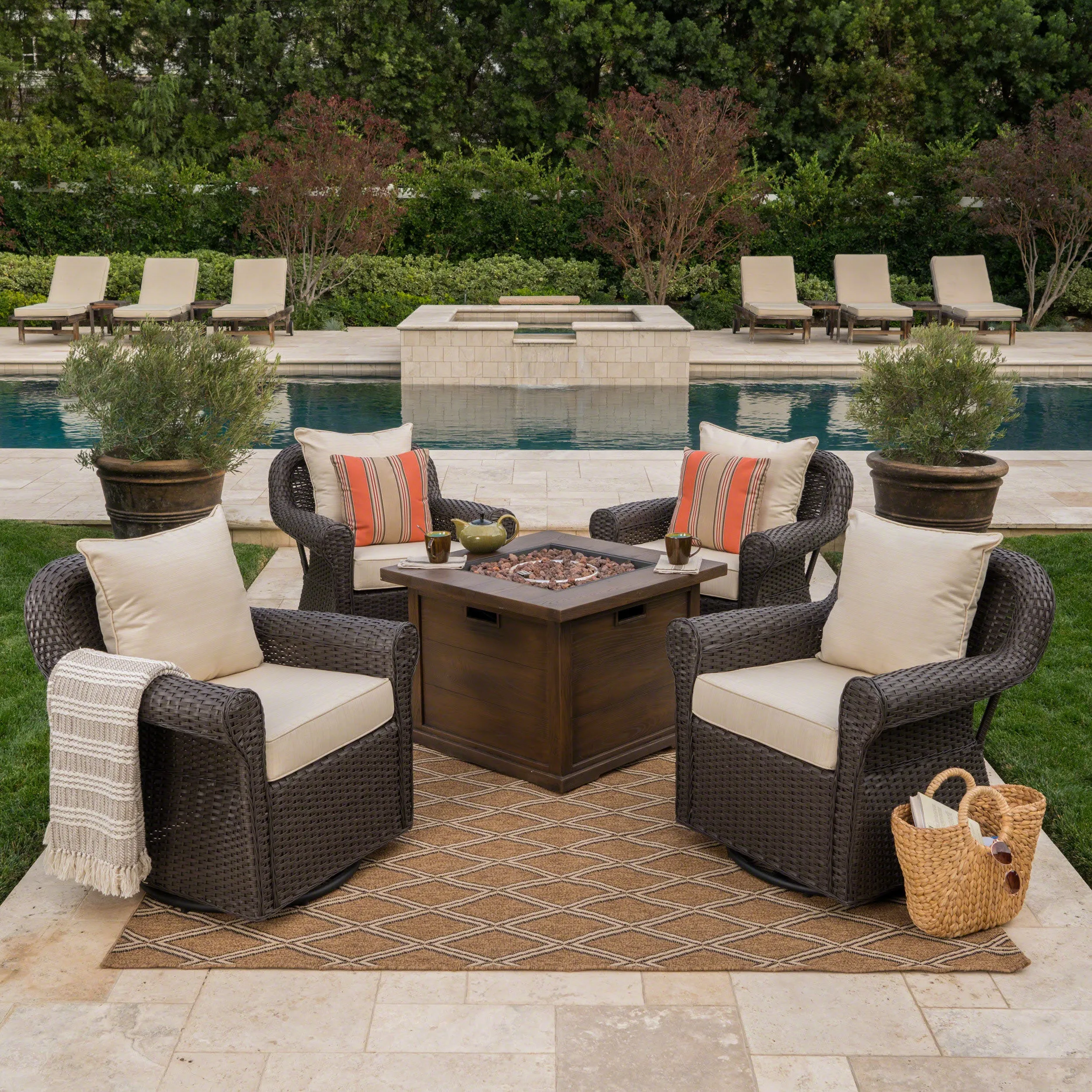 Venturi Outdoor 5 Piece Wicker Swivel Club Chairs with Brown Gas Fire Pit